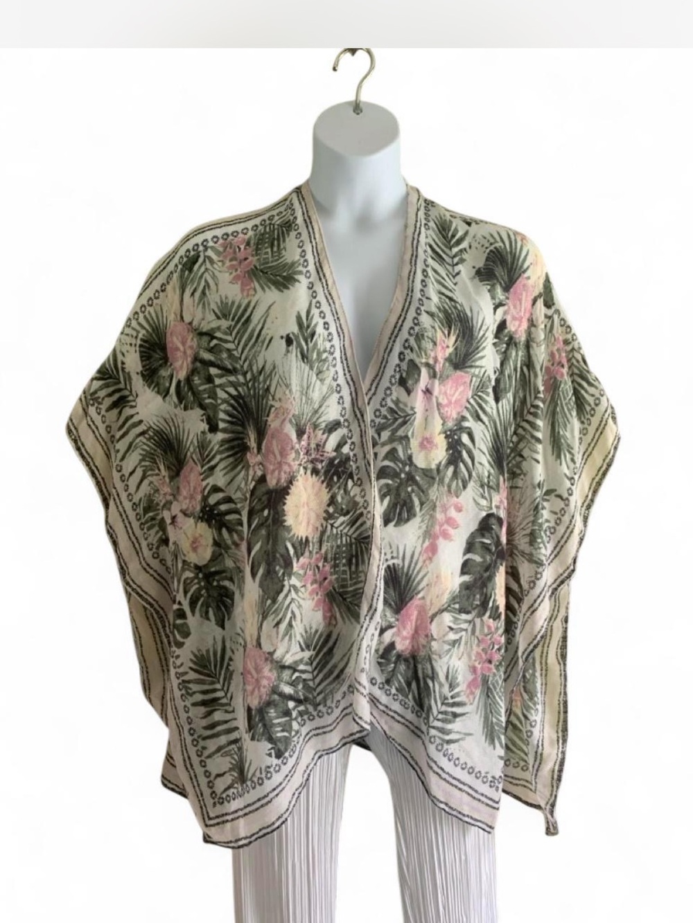 Boho hippie Floral Tropical Open Front Kimono - Pink & Green size XL
